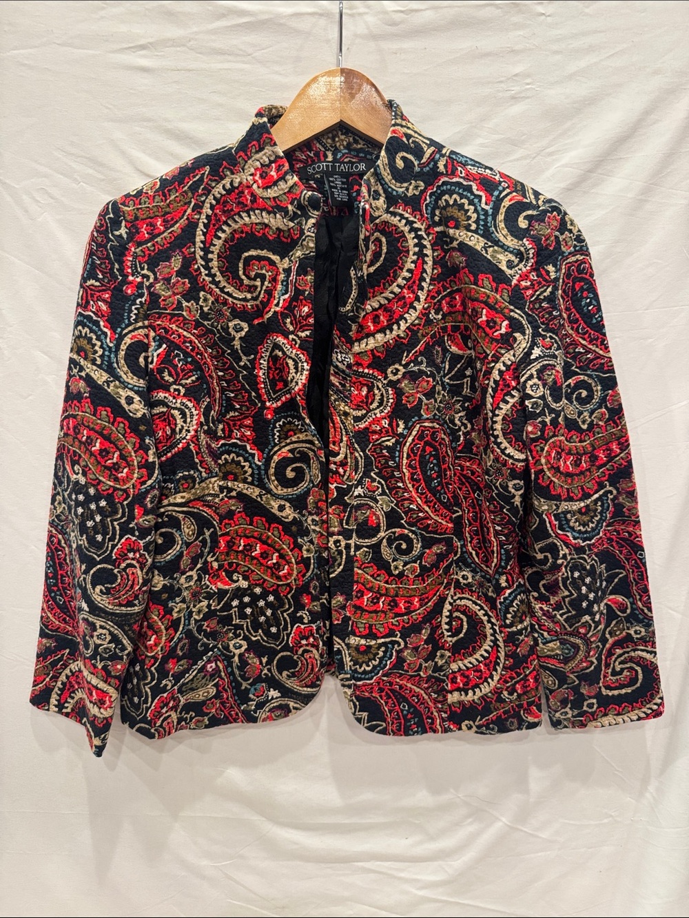 Scott Taylor Vintage Black & Red Paisley 100% Cotton Blazer Jacket, Open-Front